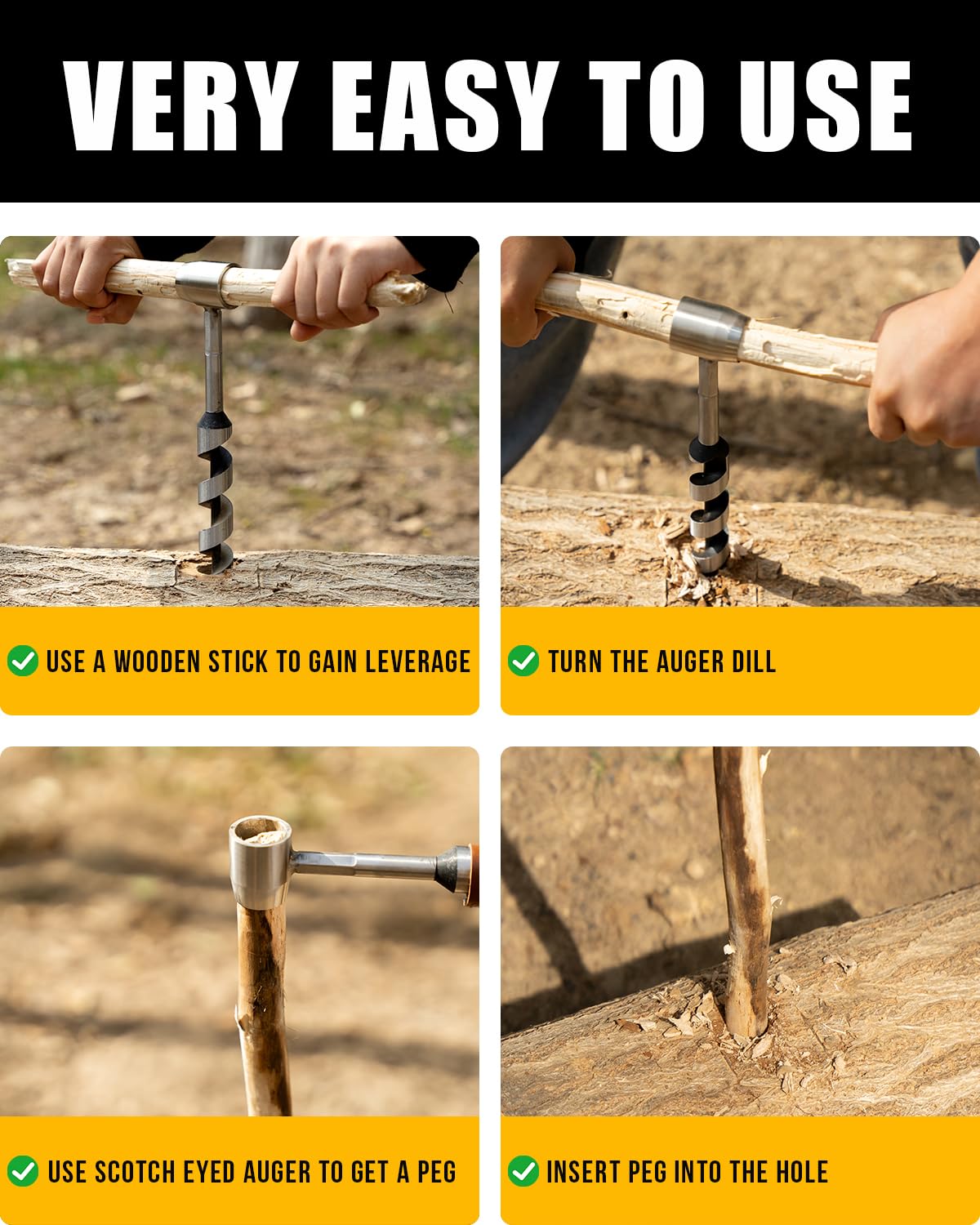 Upgrade Bushcraft Tools, 1 X 10'' Hand Auger Wood Drill, Sharper Settlers Wrench for Easy Wood Drilling, Protable Scotch Eye Auger, Outdoor Survival Gear for Camping Backpacking Hiking