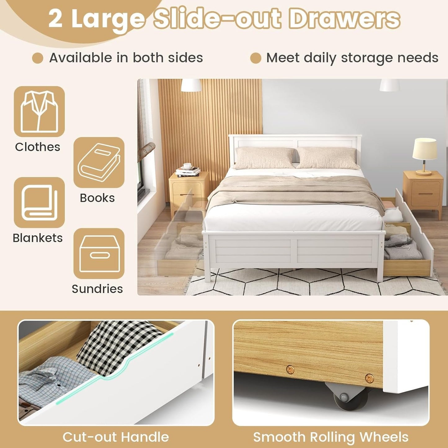 DORTALA Full Wood Bed Frame with 2 Drawers, Modern Platform Bed with Solid Wood Headboard & Footboard, Wooden Slats Support Mattress Foundation, No Box Spring Needed, Easy Assembly, White