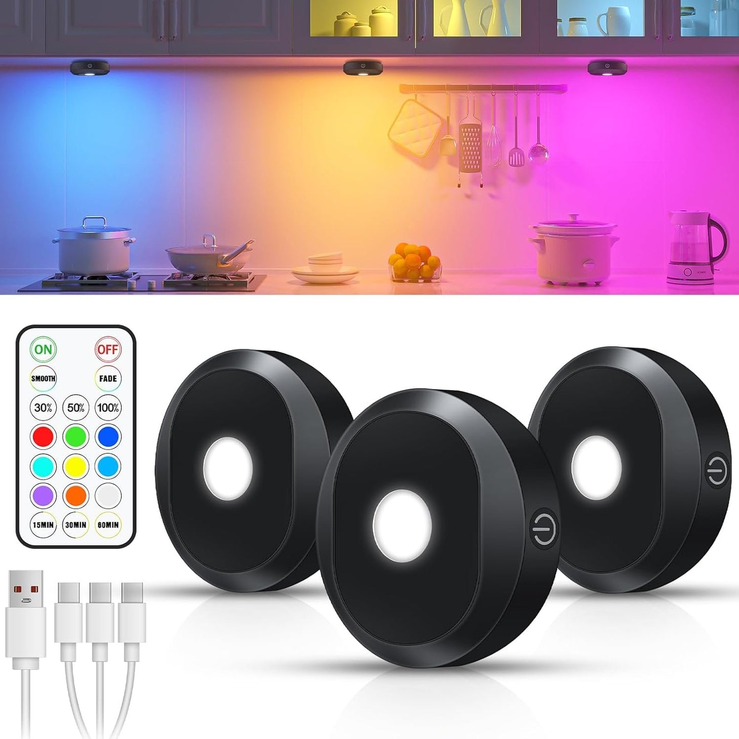 WILLED Rechargeable Puck Lights with Remote Control, RGB Under Cabinet Lighting Wireless, 1200mAh Battery LED Tap Light,Timer Function Stick On Lights for Closet, Shelf, Counter,Kitchen Cabinet,3 Pack