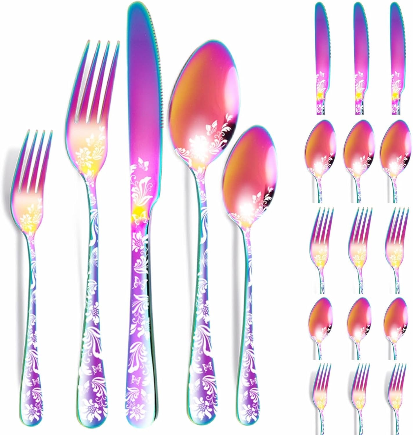 Vilihkc 20 piece Unique Pattern Design Silverware Set, Stainless Steel Flatware Set Service for 4, rainbow Cutlery Set, Mirror Polished Utensil Set for Kitchen, Dishwasher Safe