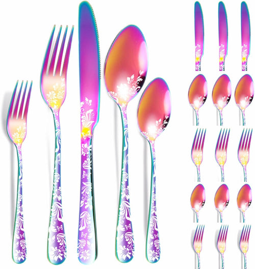 Vilihkc 20 piece Unique Pattern Design Silverware Set, Stainless Steel Flatware Set Service for 4, rainbow Cutlery Set, Mirror Polished Utensil Set for Kitchen, Dishwasher Safe