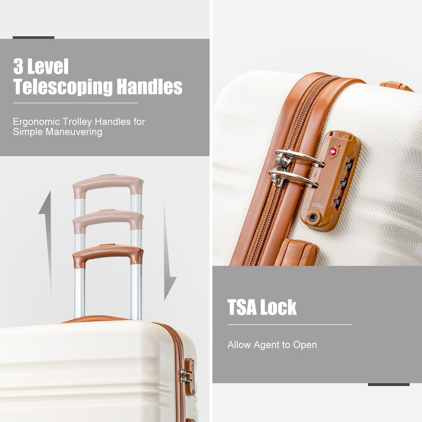 LONG VACATION Luggage Set 4 Piece Luggage ABS Hardshell TSA Lock Spinner Wheels Carry on Suitcase(White-Brown, 6 Piece Set（BP）)