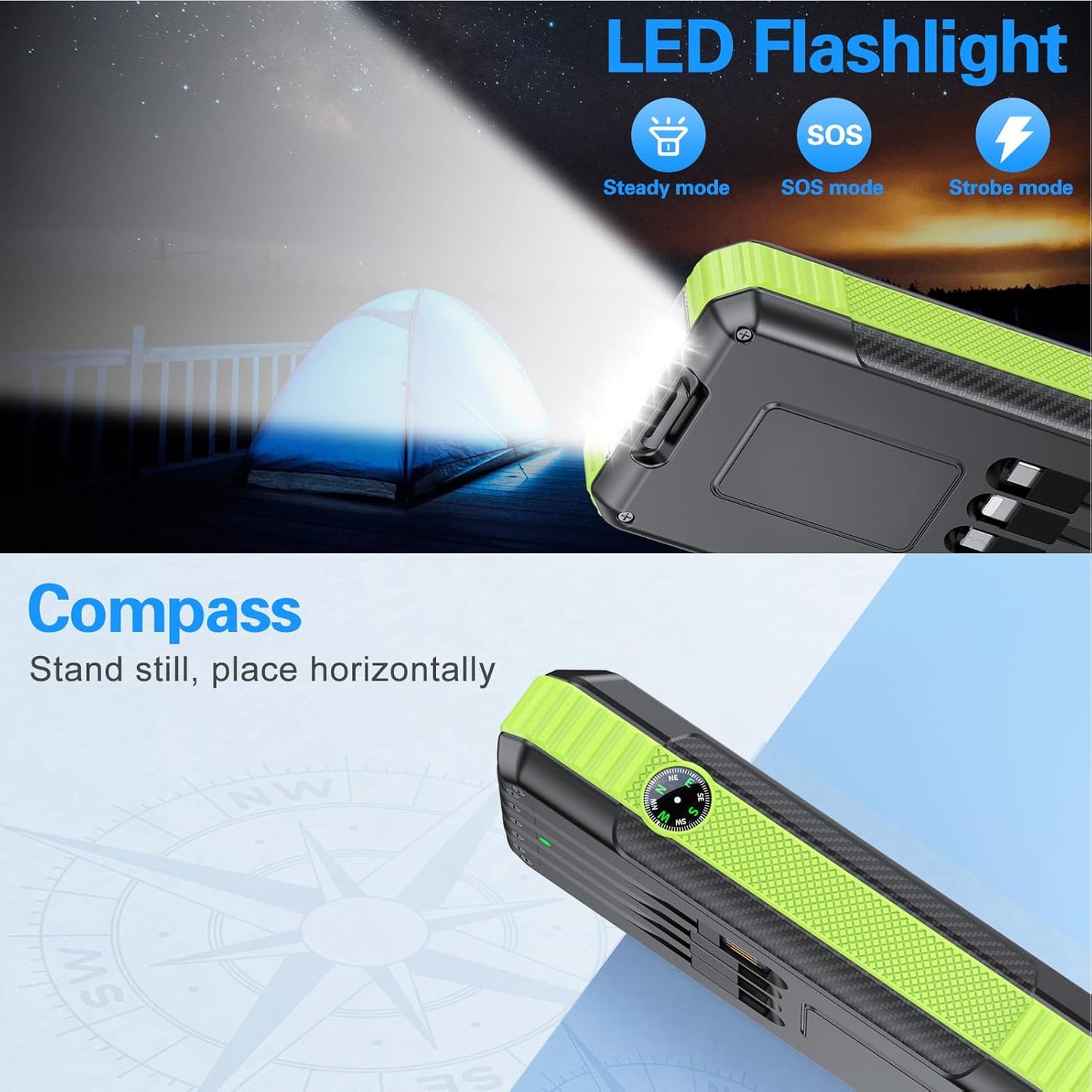 Solar Power Bank 33800mAh Built in 4 Cables, 22.5W USB C Fast Charging Portable Phone Charger, 6 Outputs & 4 Inputs with LED Camping Lights Battery Pack for Outdoor iPhone Samsung Tablet (Green)