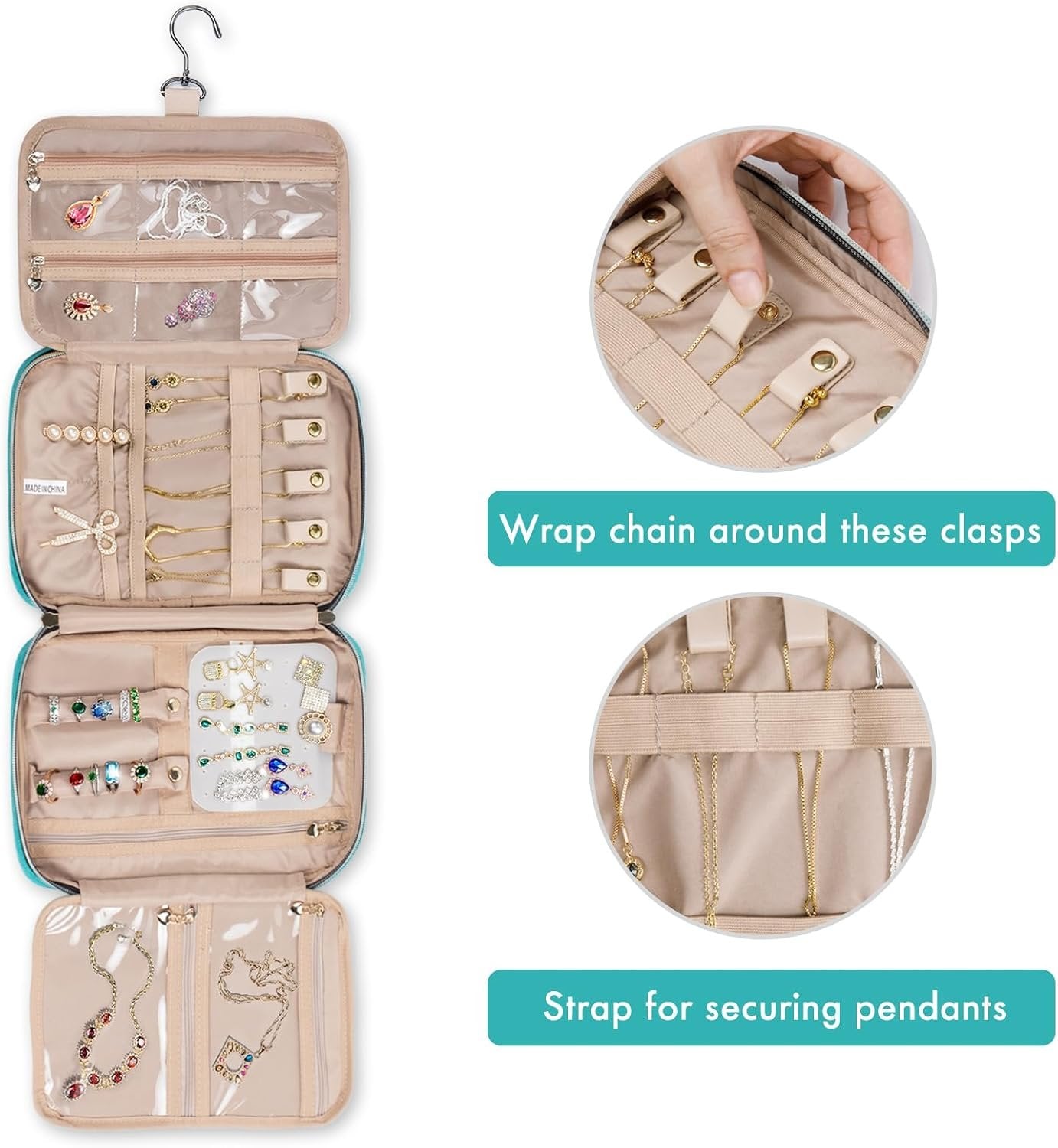 SFYBYHEART Travel Jewelry Organizer Case, Jewelry Travel Bags for Women, Large Capacity Travel Jewelry Case for Tangle-Free Earrings, Necklaces, Rings Storage, Travel Accessories,Teal