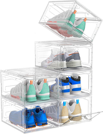 Upgrade Harder Solid Plastic Shoe Organizer, Shoe Storage with Magnetic Front Door, Shoe Rack 6 Pack Shoe Boxes Clear, Sneaker Storage, Shoe Organizer for Closet, Shoe Display Case, White