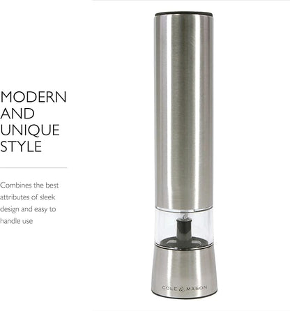 Cole & Mason Hampstead Electronic Salt Mill - Electric Salt Grinder Set - Adjustable Electric Spice Grinder - Kitchen Tool & Gadget - Hand Wash - Stainless Steel