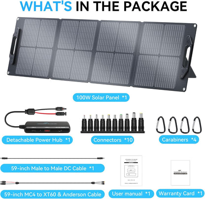 Ecosonique 100W Portable Solar Panel with Adjustable Kickstands,22V MC4/12V DC/QC 3.0 USB-A USB-C(PD 60W)Foldable Solar Panel Charger with Detachable Power Hub,IP67 Waterproof Solar Panels for Camping