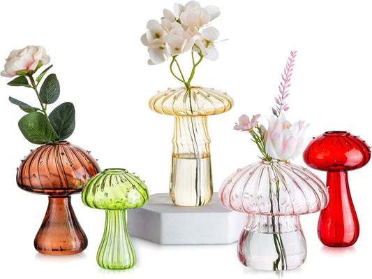 Glasseam Mushroom Flower Vase, Cute Colored Glass Vase Set of 5, Unique Bud Small Vase for Flowers, Aesthetic Decorative Vases for Home Decor, Hydroponic Plant Vase Indoor for Dining Room Centerpieces