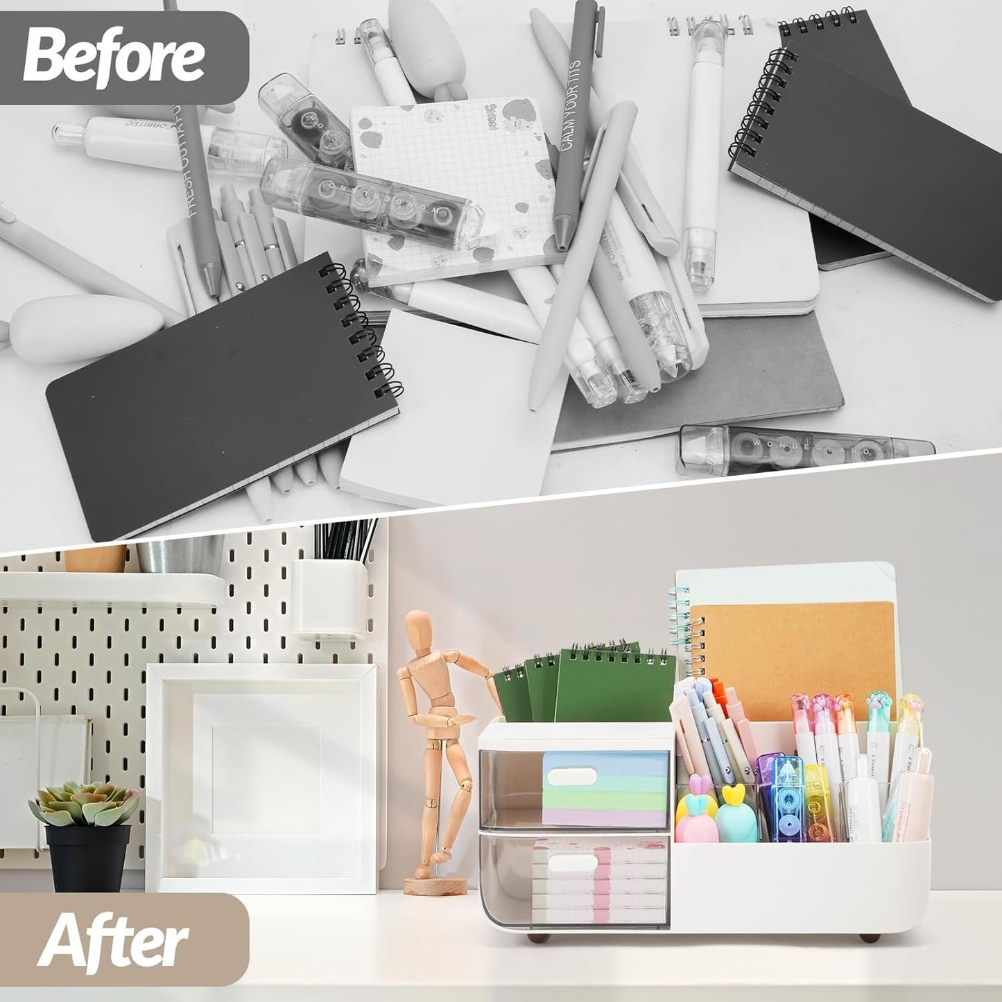 Witwatia Desk Organizer with 2 Drawer, Plastic Desk Organizers and Storage with 5 Compartments, Cosmetic Makeup Storage Box with 3 Pen Holder, Desktop Organization for Bathroom School Home Office