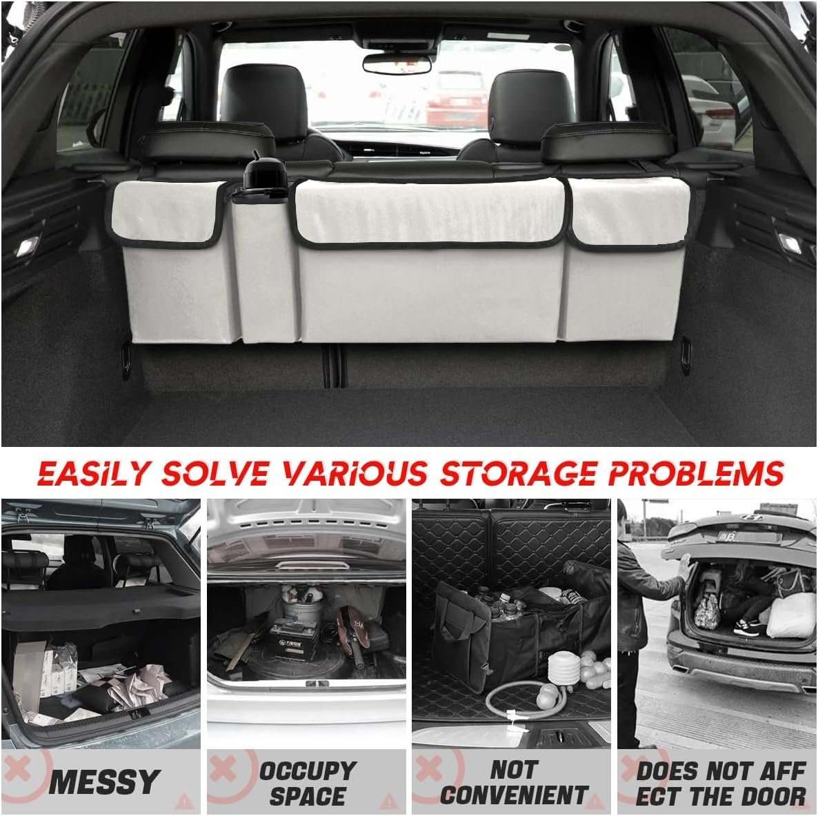 XINLIYA Car Trunk Organizer, Auto Waterproof Sturdy Backseat Hanging Large Storage Collapsible Cargo Bag with Anti-Slip Adjustable Strip&4 Pockets, Car Interior Accessories for Man Woman（White/Gray）