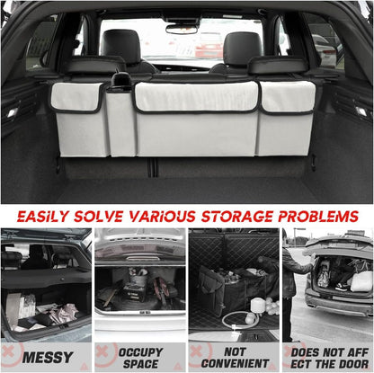 XINLIYA Car Trunk Organizer, Auto Waterproof Sturdy Backseat Hanging Large Storage Collapsible Cargo Bag with Anti-Slip Adjustable Strip&4 Pockets, Car Interior Accessories for Man Woman（White/Gray）