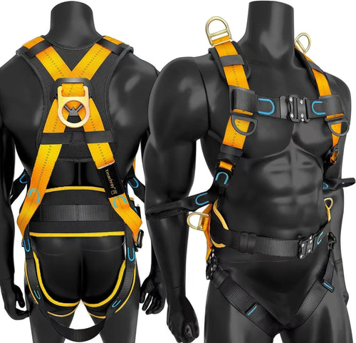 Fall Protection Full Body Safety Harness, 6” Thick Back Support Belt,5 Heavy Duty D-rings, Quick Release (OSHA/ANSI)