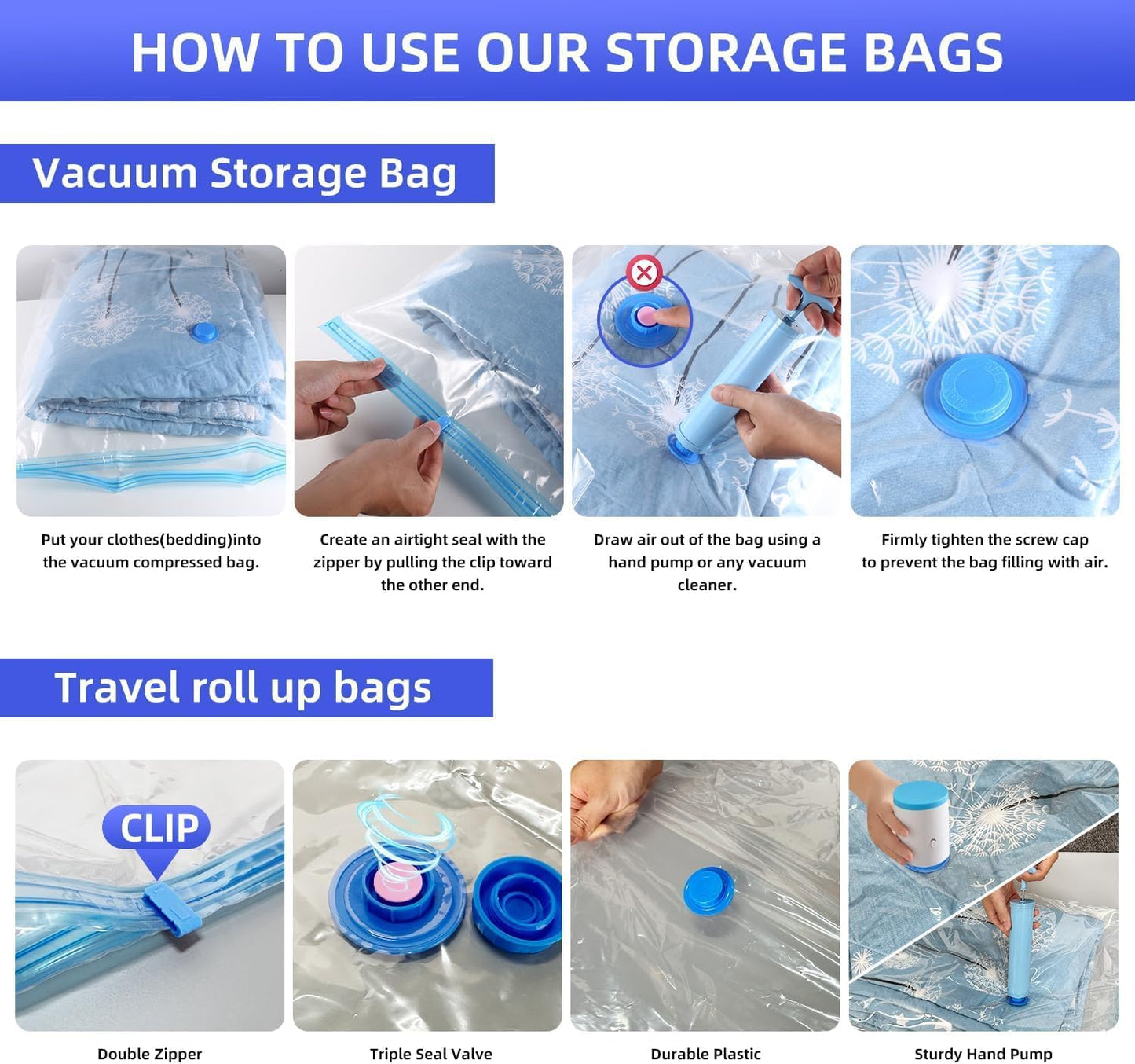 Vacuum Storage Bags Pack of 16(4 Jumbo,4 Large,4 Medium,4 Small)-Space Saver Sealer Compression Bags with Hand Pump for Clothes,Duvets, Comforters, Blankets, Pillows, Curtains & Travel