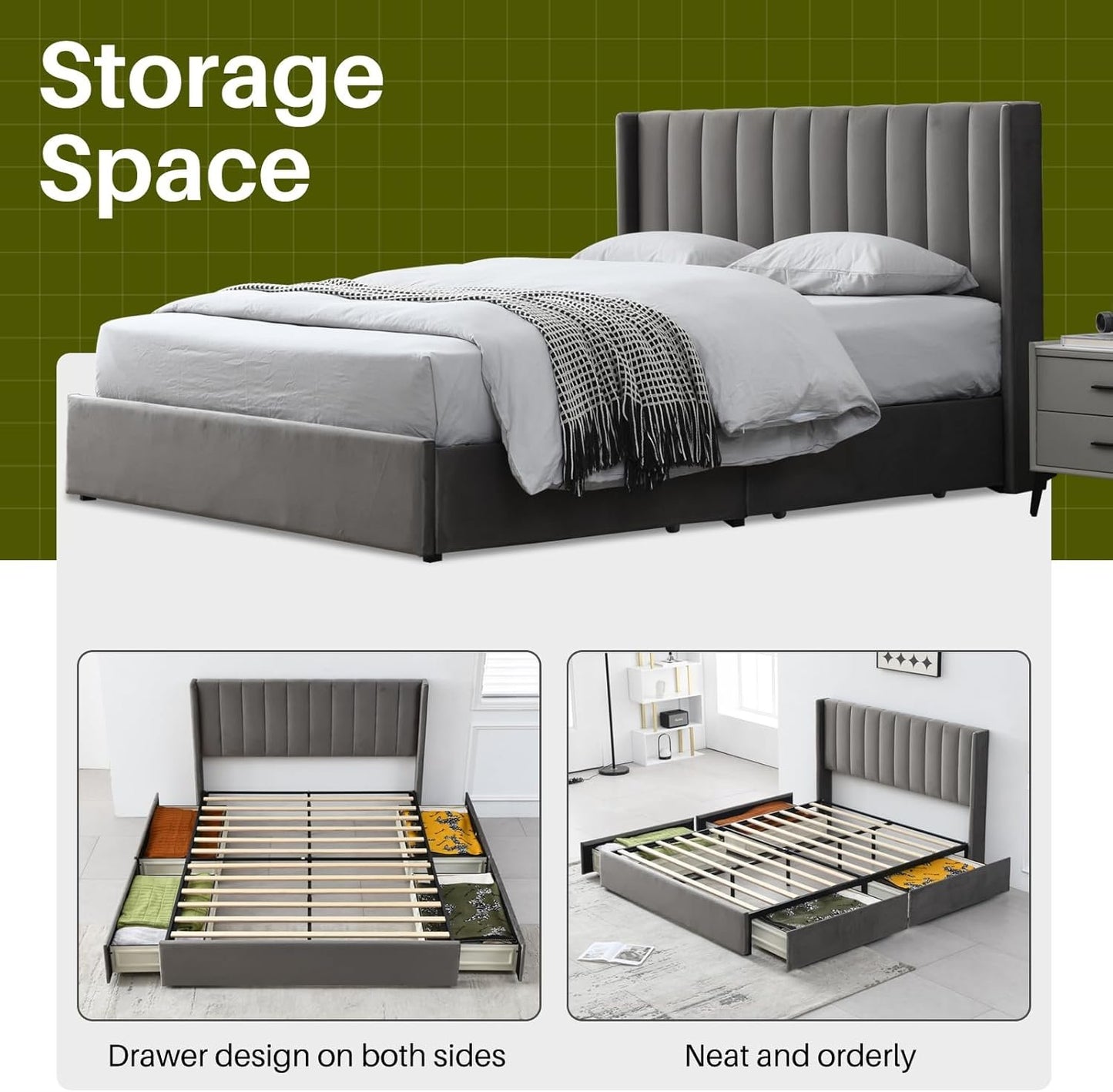YUHUASHI Upholstered Queen-Size Platform Bed Frame with 4 Storage Drawers and Headboard, Velvet Upholstery with Wooden Slats Support, No Box Spring Required (Grey, Queen)