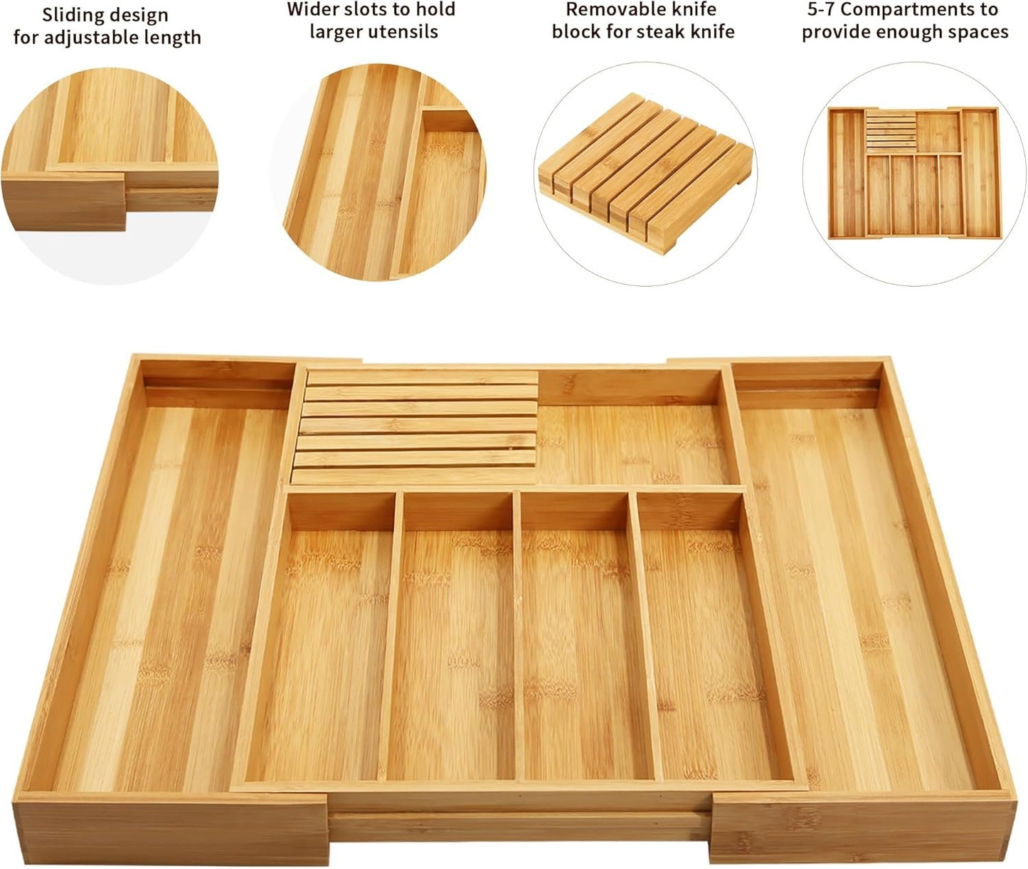 VaeFae Bamboo Cutlery Organizer for Kitchen, Wooden Utensil Drawer Organizer, Expandable Cutlery Tray, Utensil Organizer with Removable Knife Block