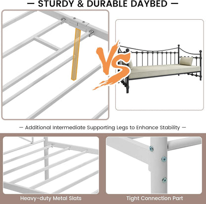 Giantex Metal Daybed Frame Single Size, Modern Single Sofa Bed, Heavy-Duty Steel Slats Support Mattress Foundation, Dual-use Platform Bed Sofa for Living Room, Guest Room, Easy Assembly, White