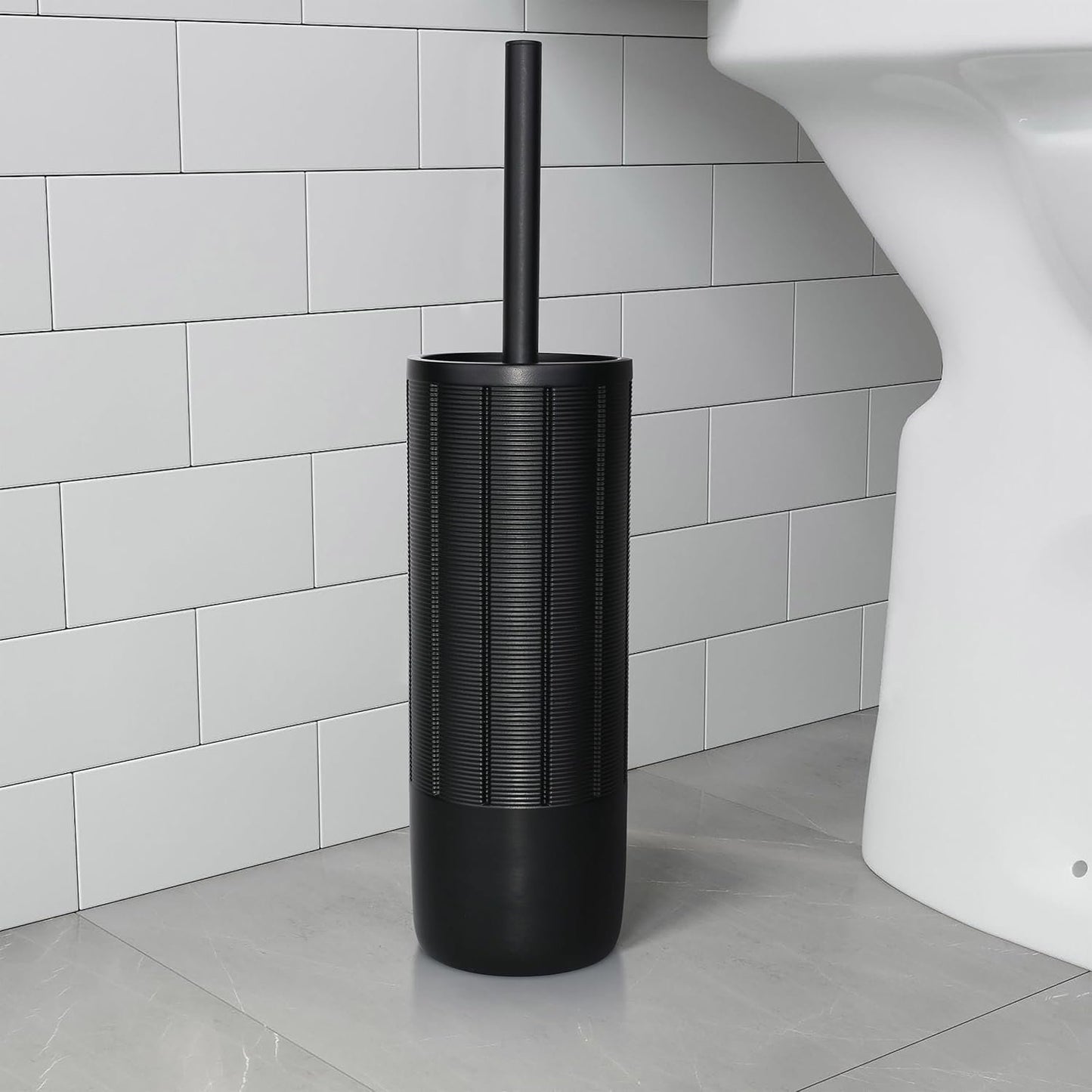 Indecor Home Matte Black Ribbed Design Resin Toilet Bowl Holder and Brush Set, Durable Bathroom Cleaning Tool with Ergonomic Handle and Efficient Bristles, Stylish and Compact Design