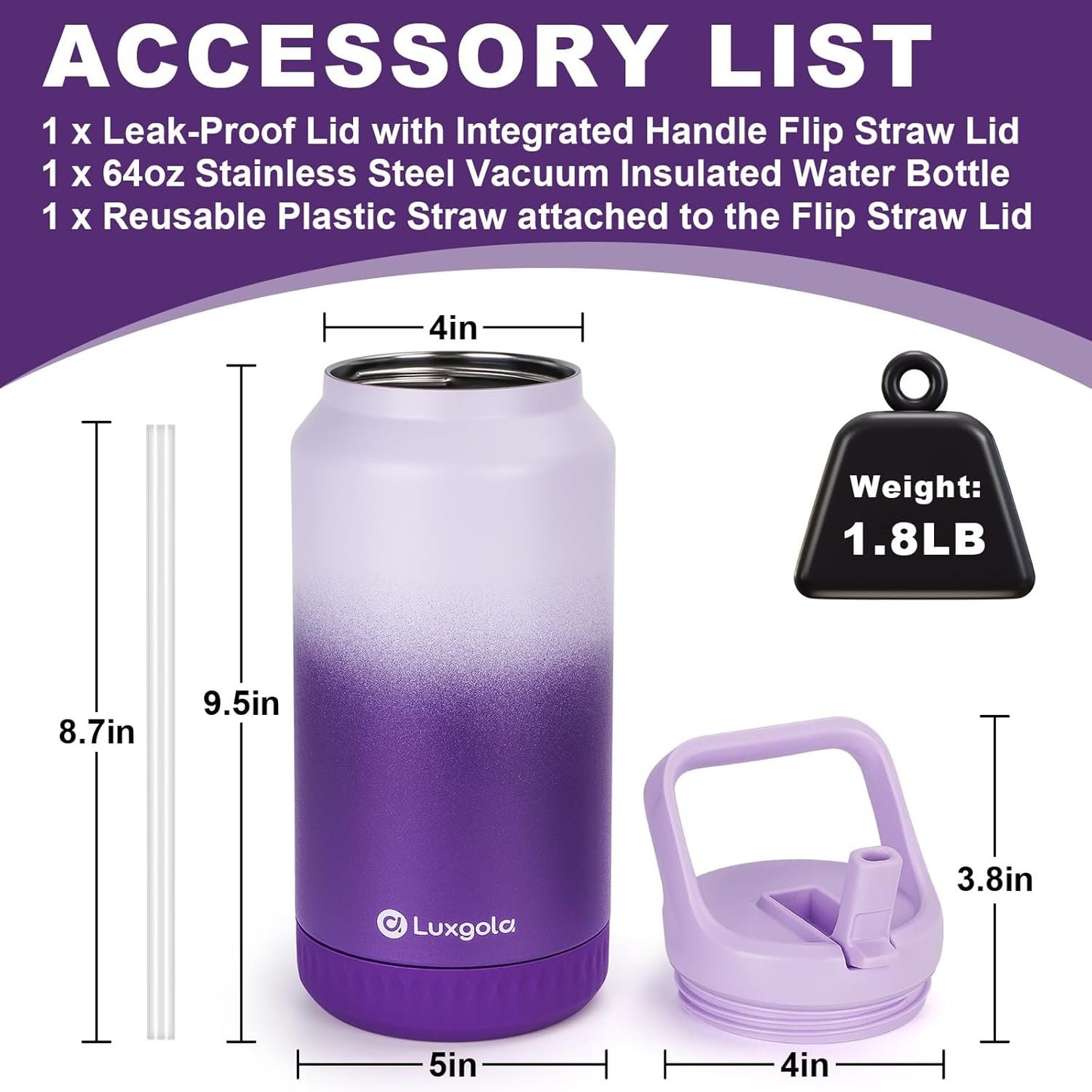 Luxgola 64 oz Insulated Water Bottle with Flip Straw Lid and Top Handle, Half Gallon Stainless Steel Vacuum Tumbler, Keeps Drinks Cold/Hot, Wide Mouth, Leak Proof, BPA-Free, Non-Slip Base - Pink