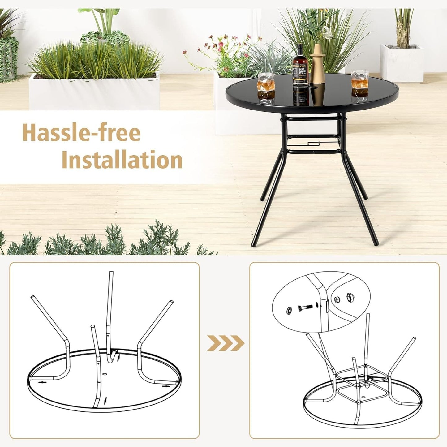 HAPPYGRILL 34" Outdoor Bistro Table, Patio Dining Table with 1.5” Umbrella Hole, Silkscreen Glass Tabletop, Metal Frame, Round Side Table Conversation Coffee Table for Patio Garden Backyard Poolside