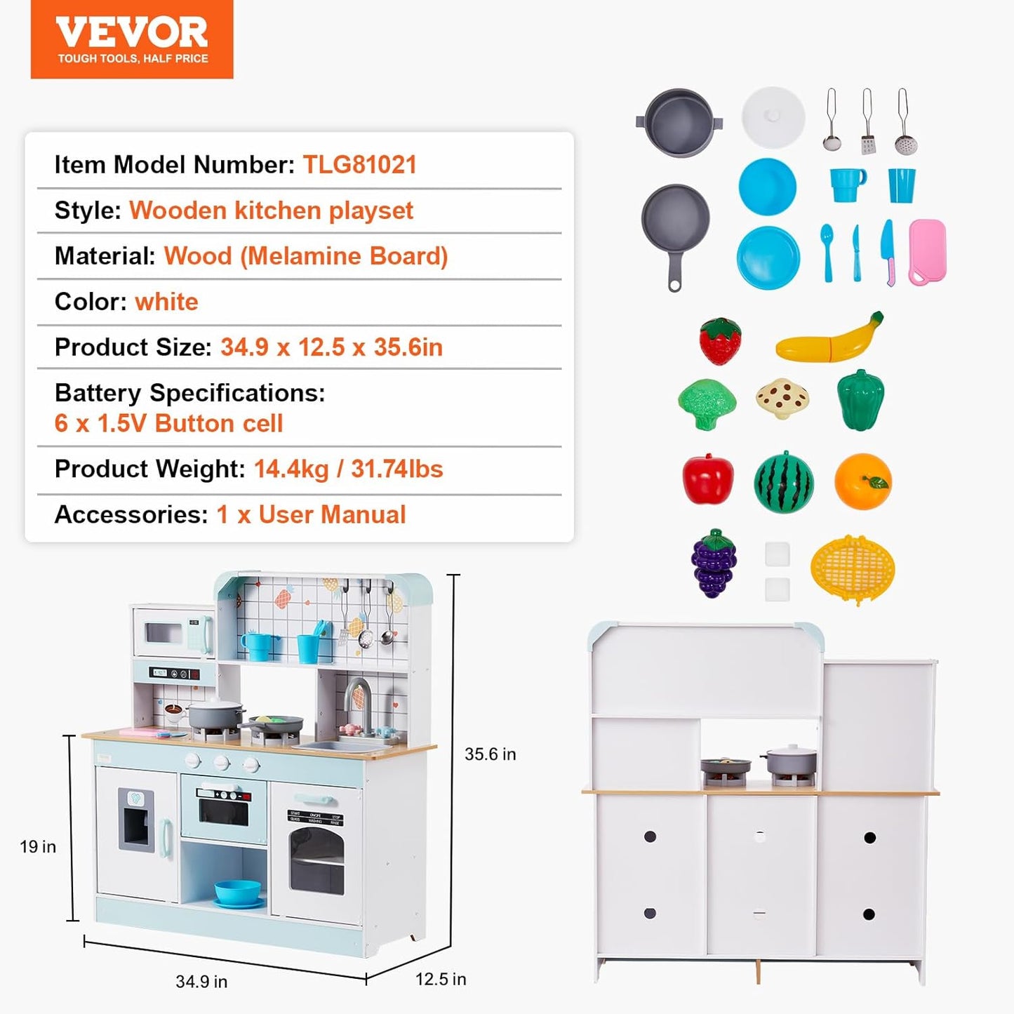 VEVOR Kitchen Toy for Children, Wooden Kitchen Toy Set with Lights Sounds Ice Maker Oven Sink Microwave Refrigerator Utensils, Kitchen Toy, 24 Pieces, White