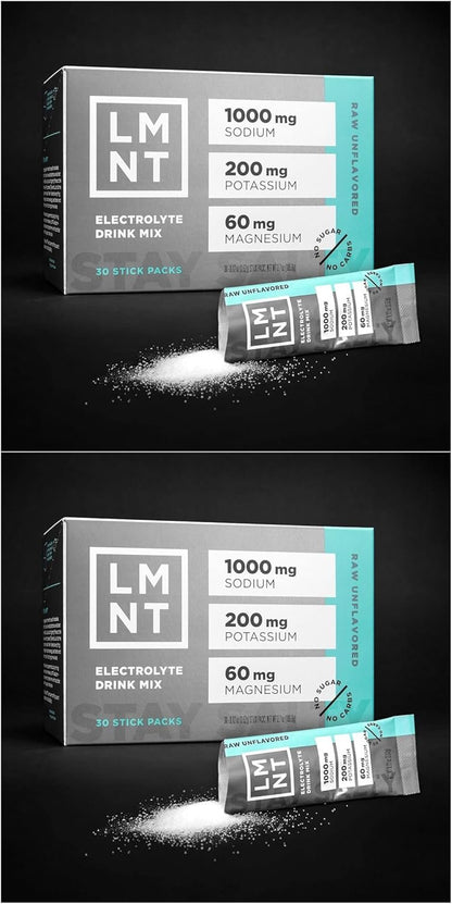 LMNT Zero Sugar Electrolytes - Raw Unflavored Salt | Drink Mix | 30-Count, Pack of 2 (60 Sticks)