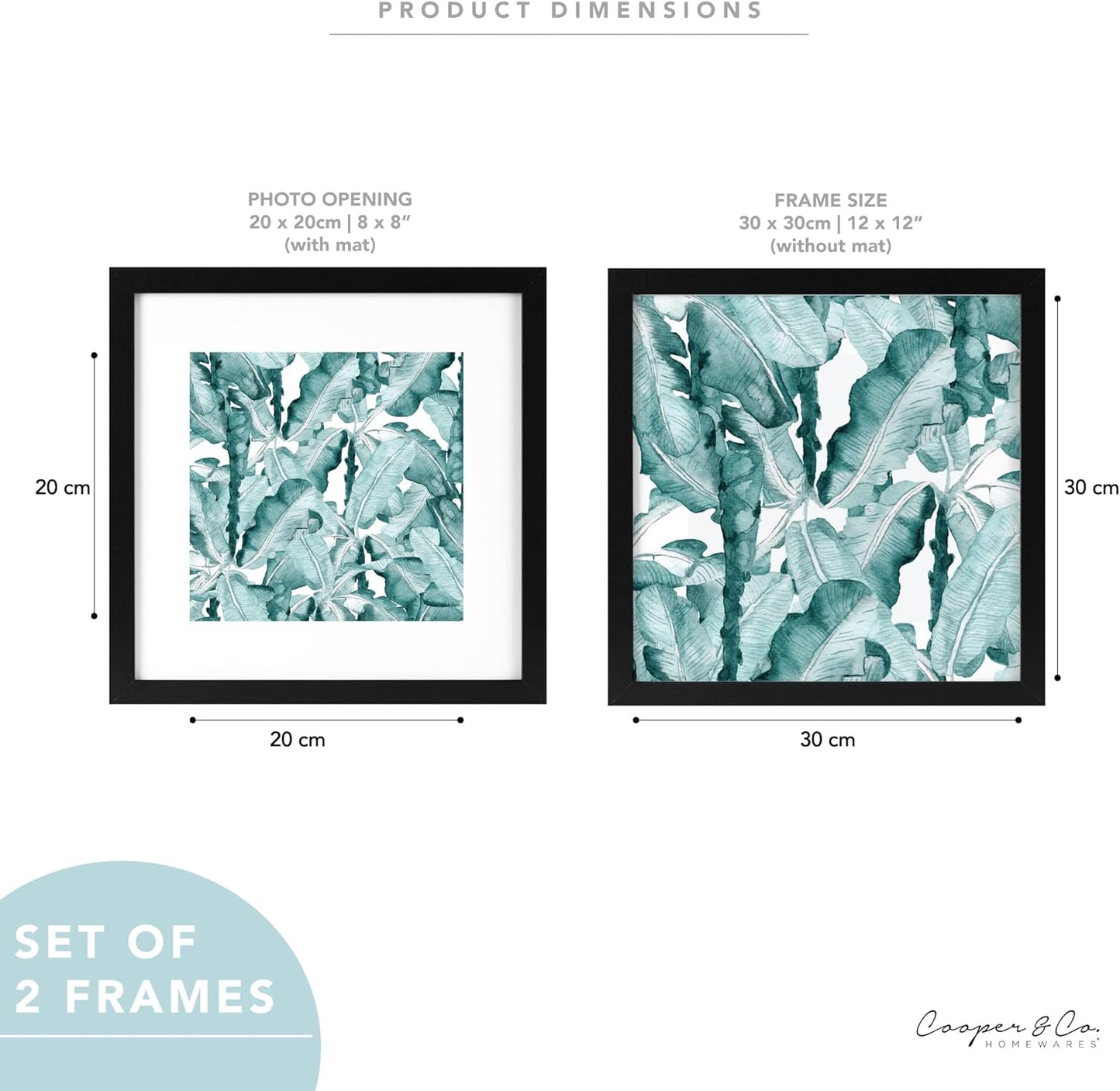 Cooper & Co. Homewares 30 x 30 cm Matt to 20 x 20 cm Premium Paradise Wooden Photo Frame Set of 2 Pieces, Black