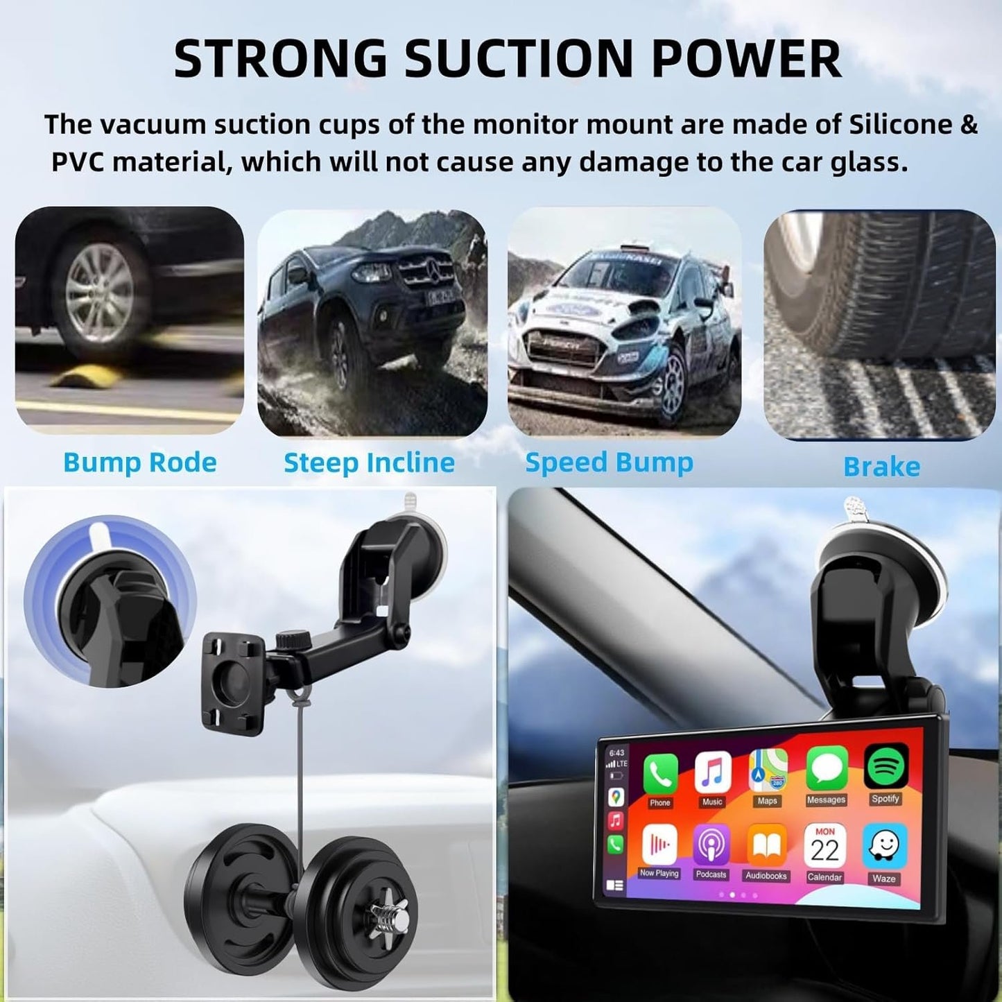 Epronic Carplay Screen Mount, Bendable Flexible Dashboard Suction Cup Bracket for 7Inch 9Inch 9.3 Inch 10.26 Inch Portable Car Play Windshield GPS Mount Phone Holder