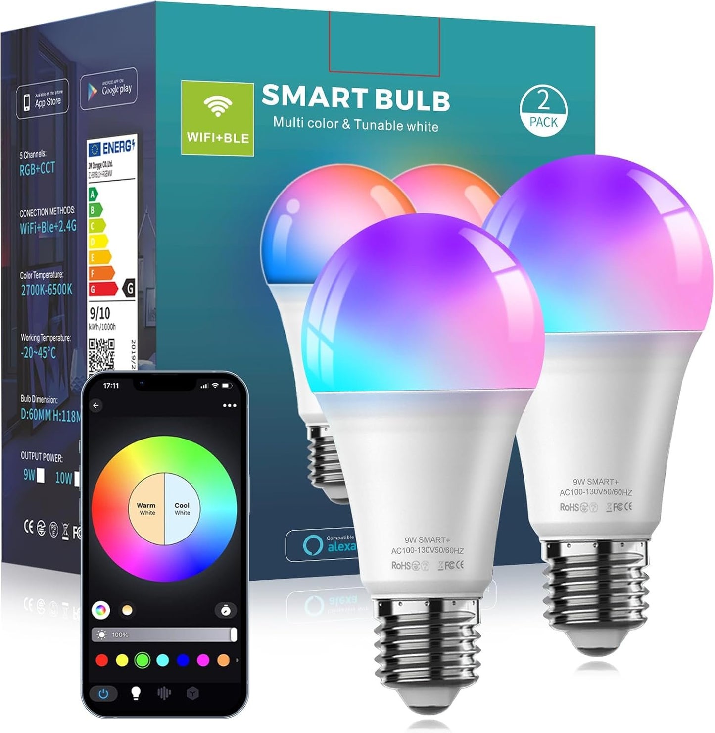 Tenmiro Smart Light Bulbs, 9W A19 Color Changing Light Bulb Work with Alexa, Google Assistant & Google Home, Music Sync WiFi & Bluetooth LED Bulbs Dimmable 800LM