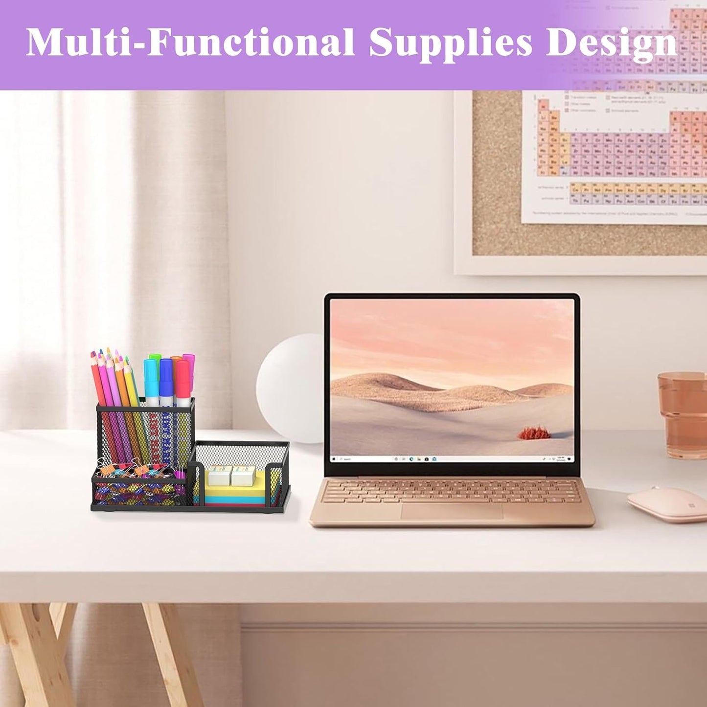 SUPEASY Mesh Pen Holder Desk Organizer, Office Supplies Pencil Storage with 3 Compartments, Office Desk Accessories and Workspace Organizers for Home School, Black