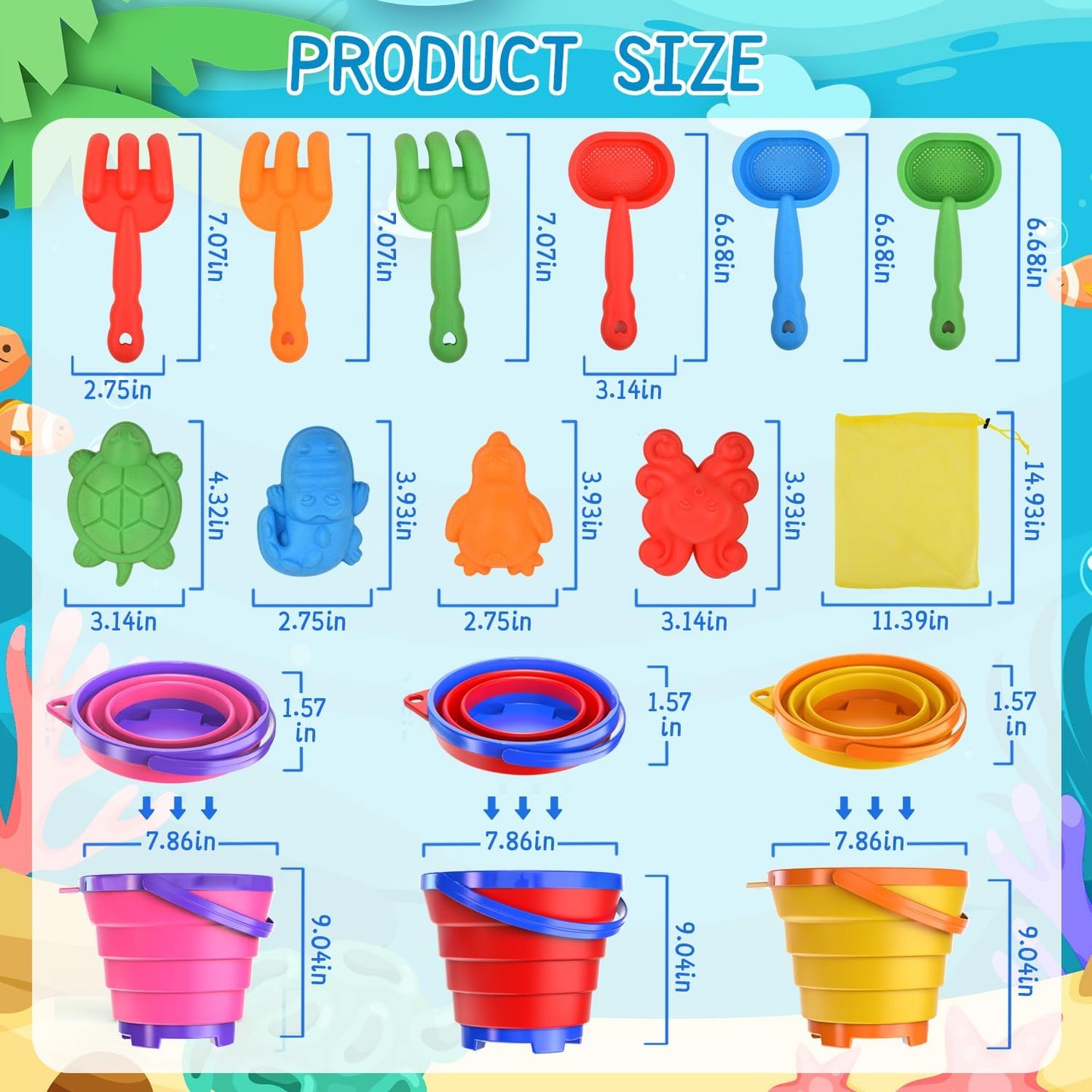Sand Beach Toys for Kids, 3PCS Collapsible Sand Bucket, Shovel Set, Animal Molds with Big Mesh Bag, Travel Toys forToddlers Boys Girls Outdoor Beach Play Camping Bath Pool Water Play-14PCS