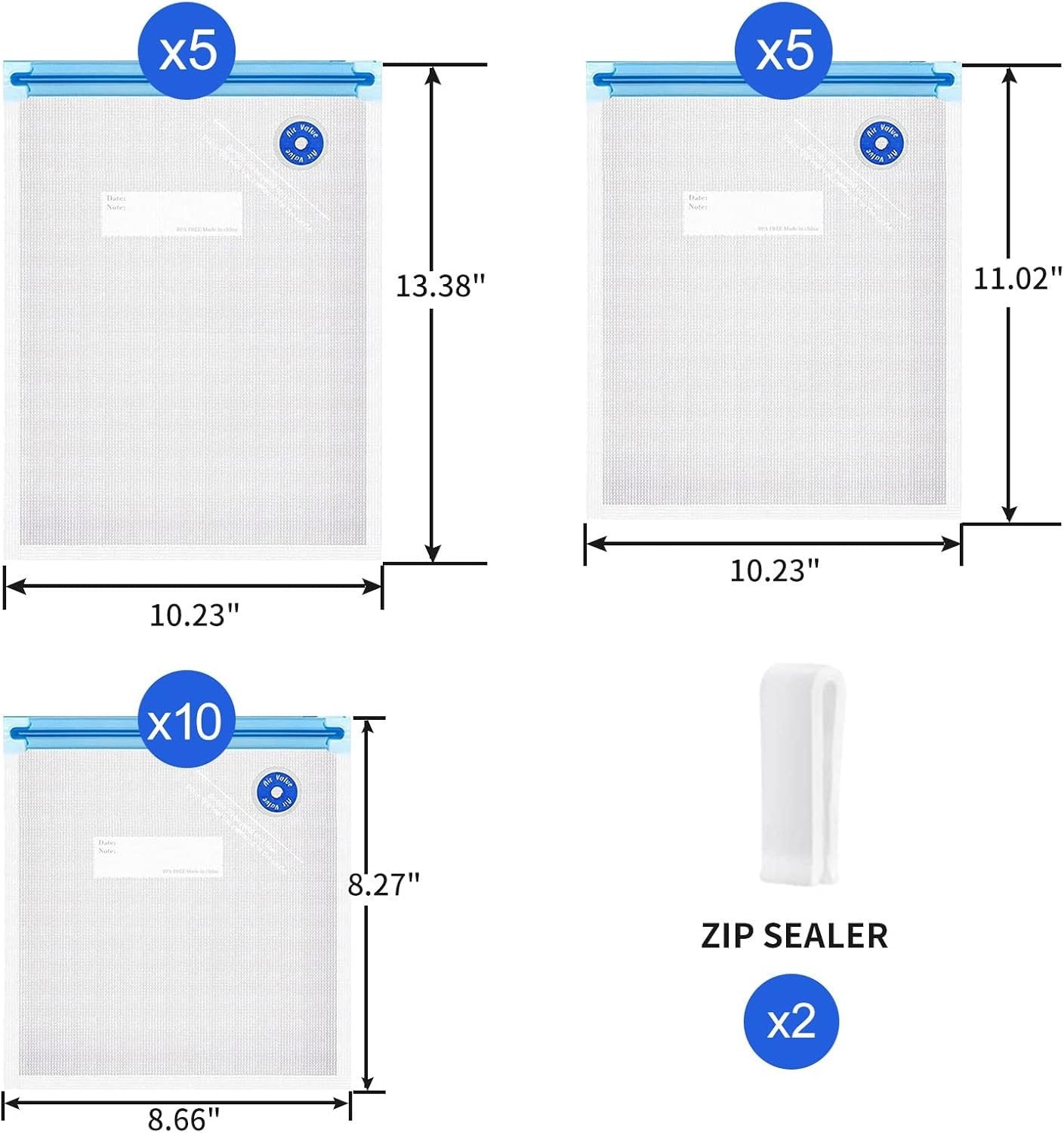 Reusable Sous Vide Bags, 20 PCS 3 Sizes (10 Pcs 8.5"x8", 5 Pcs 11"x 10" and 5 Pcs 13.5"x 10") Vacuum Sealer Zipper Bags for Food Storage, 3-in-1 Large Sous Vide Vacuum Bag for Meal Prep or Storage