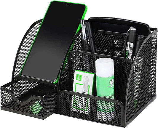 PYJLBX Desk Organizer, Pen Holder Desk Accessories, Metal Mesh Desk Organizers and Storage, Pencil Holder Desk Organizers Office Supplies Caddy Desk Storage with Draw for Home, Office, School (Black)