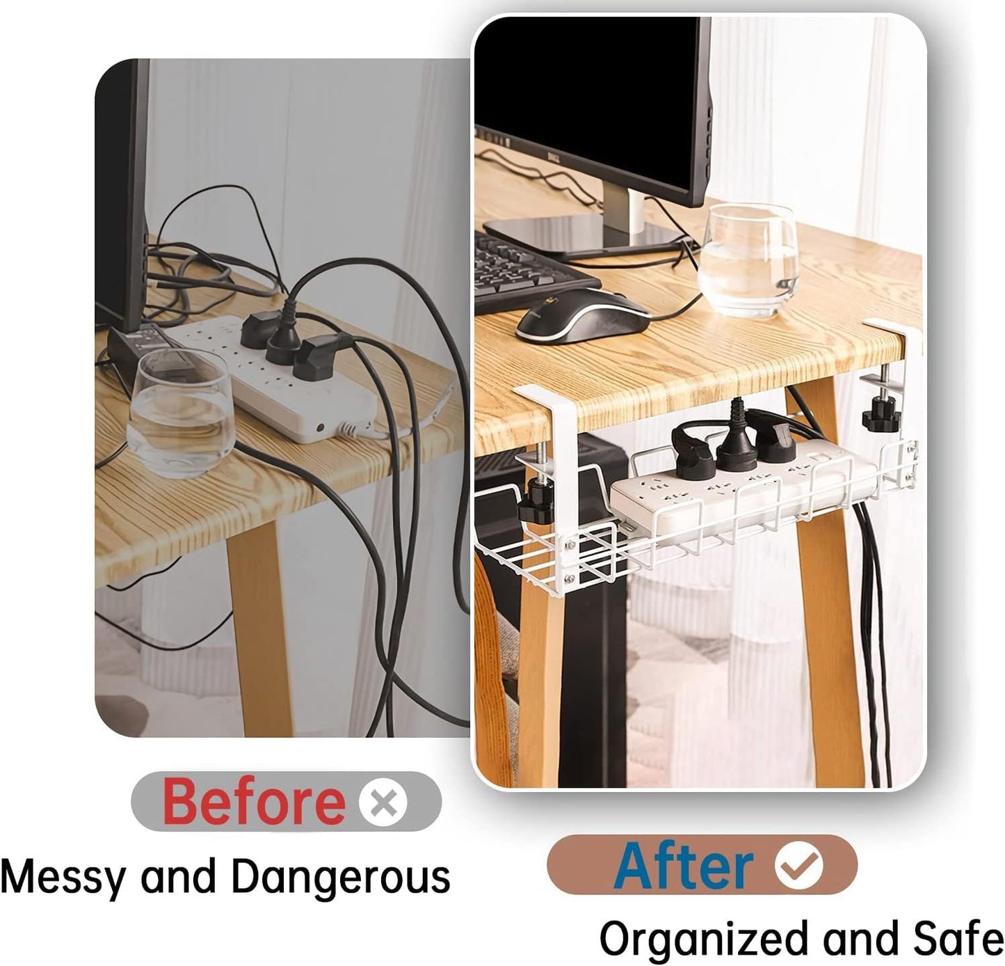 Under Desk Cable Management Tray, No-Drill Under Desk Cable Organizer for Wire Management Desk Cable Rack with 20 PCS Reusable Cable Ties Metal Under Desk Cord Organizer for Office and Home (White)