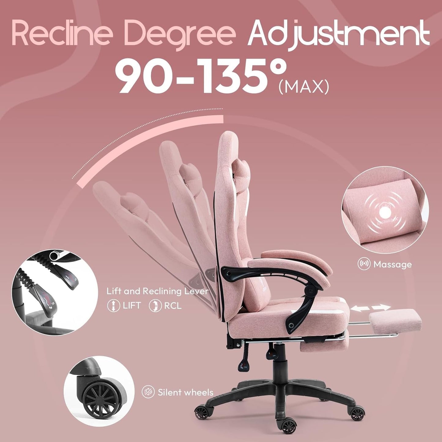 Dowinx Fabric Gaming Chair with Pocket Spring Cushion,Breathable Computer Chair with Massage Lumbar Support and Footrest,High Back Game Office Chair for Adult,Pink