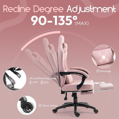 Dowinx Fabric Gaming Chair with Pocket Spring Cushion,Breathable Computer Chair with Massage Lumbar Support and Footrest,High Back Game Office Chair for Adult,Pink