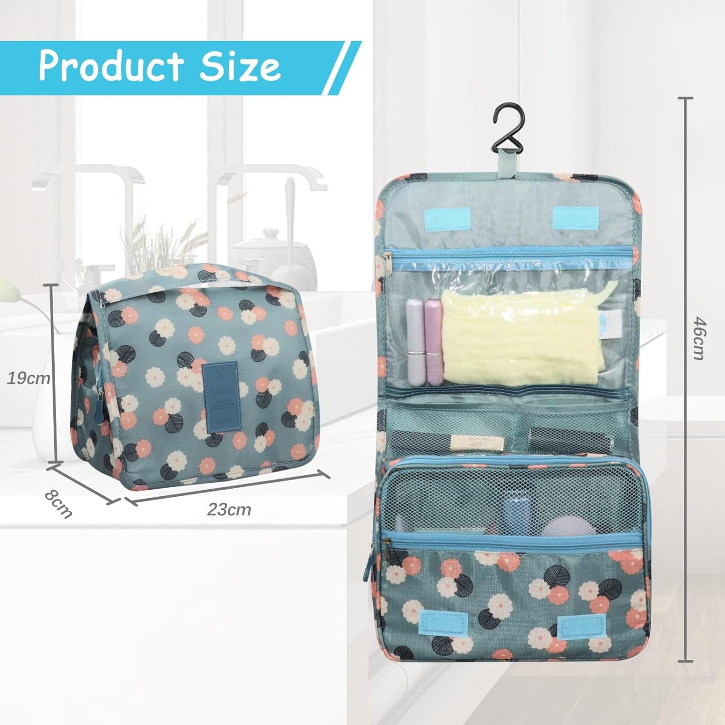Hanging Toiletry Bag, Cosmetic Wash Bag Portable Organizer Travel Large Storage Bag, Foldable Wash Case with Carry Handle, Cute Makeup Toiletries for Adults Women Men (Blue-Flower)
