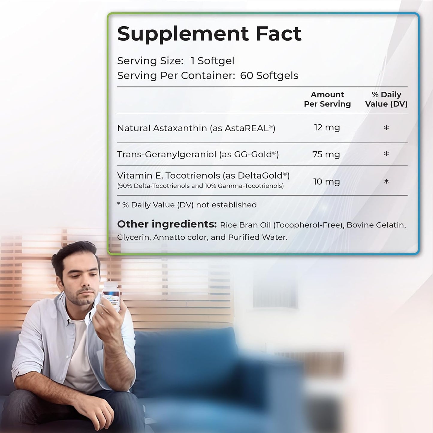 Astaxanthin-GG – AstaREAL™ Astaxanthin Supplement, GG-Gold® Geranylgeraniol, DeltaGold® Tocotrienols Supports Eye, Skin and Heart Health - 60 softgels