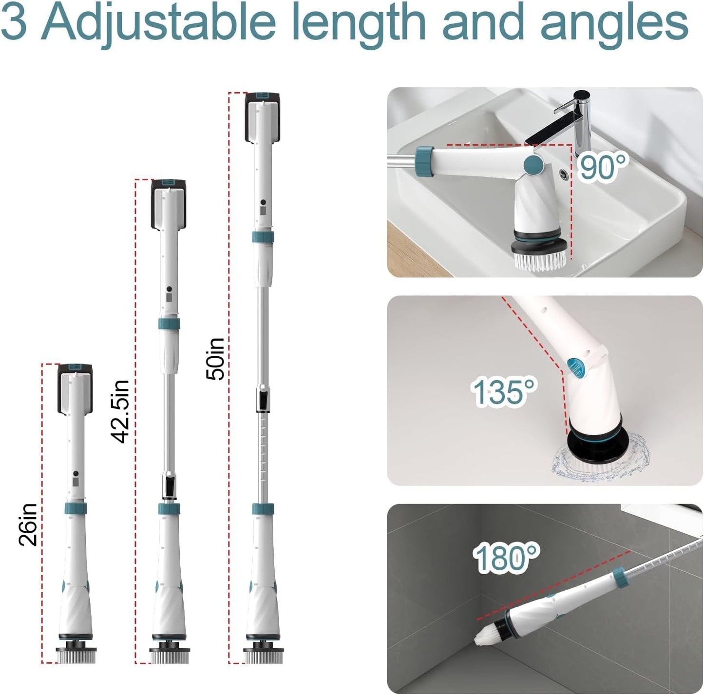 BHY Electric Spin Scrubber - 1200RPM Shower Scrubber Cordless Cleaning Brush with 2 Packs Battery&Charger, 8 Replacement Head,3 Adjustable Extension Handle for Bathroom Tub Tile Floor