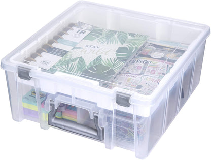 AB Designs 6899ABD Super Satchel Double Deep with Lift-Out Tray and Removable Dividers, Stackable Home Storage Organization Container, Clear with Sliver Latches and Handle