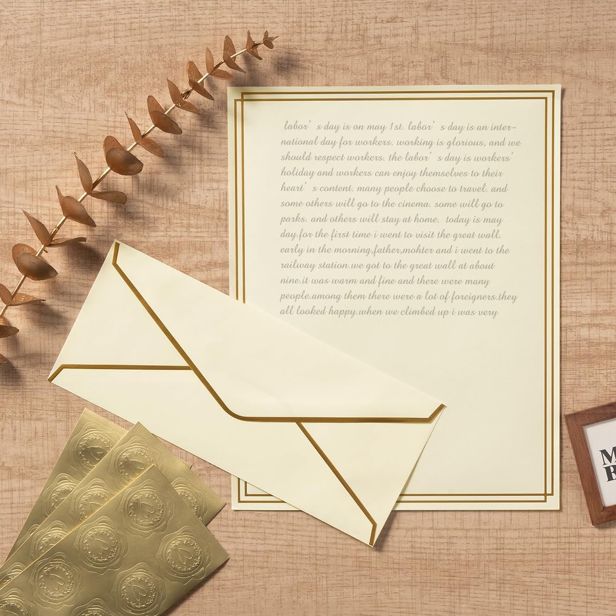 Topeen 50 Pack Stationery Set with Gold Border, #10 Business Envelopes and 8.5x11 Paper Sheets and Stickers for Writing Letters (Cream Color, 8.5x11 Inches)