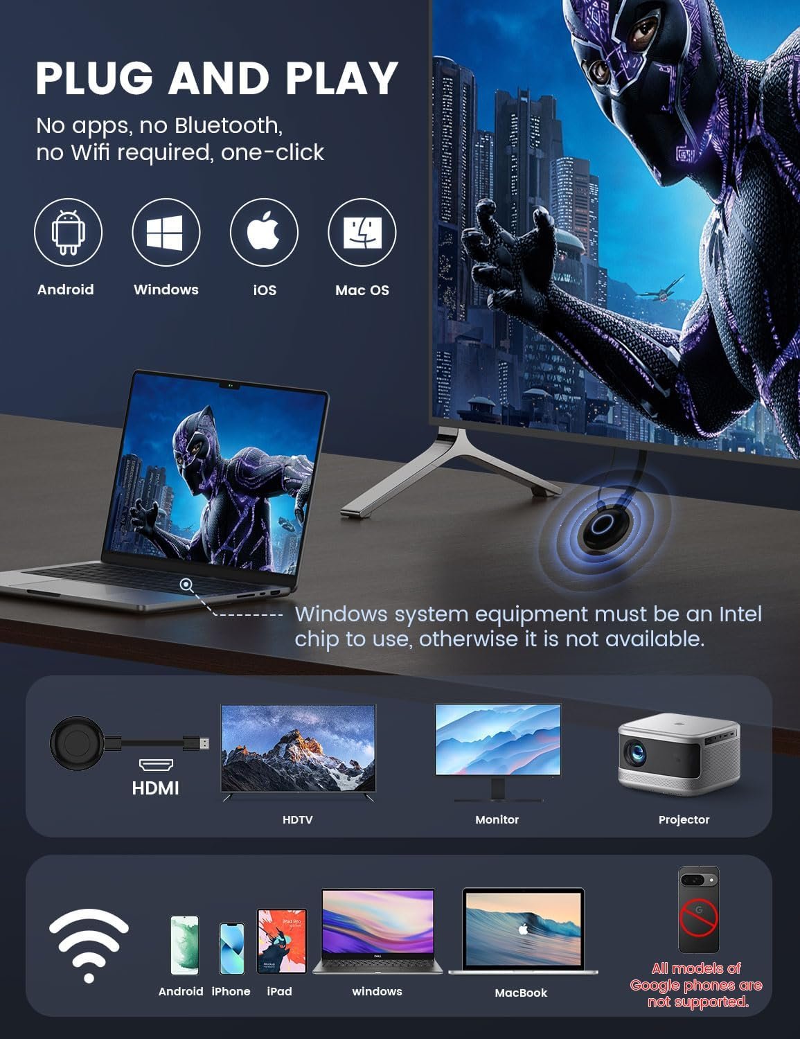 Wireless HDMI Display Dongle Adapter, 1080P HD Streaming for Laptop,PC,Smartphone to HDTV/Projector, Compatible with Android, iOS,Windows,and MacOS