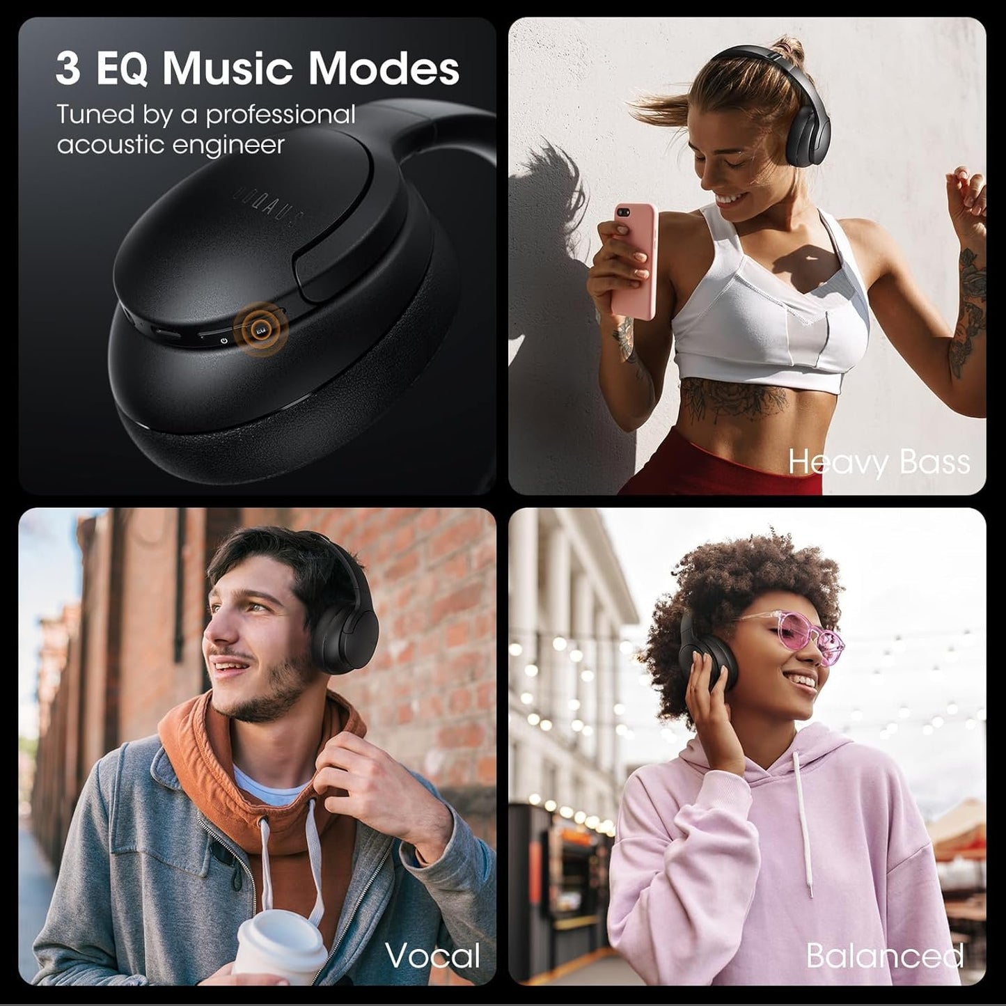 DOQAUS Wireless Headphones, 90H Playtime Bluetooth Headphone Over Ear with 3 EQ Modes, Built-in Mic, HiFi Stereo Sound, Deep Bass, Foldable Wireless Headset for iPhone/PC/Travel/Office (Black)