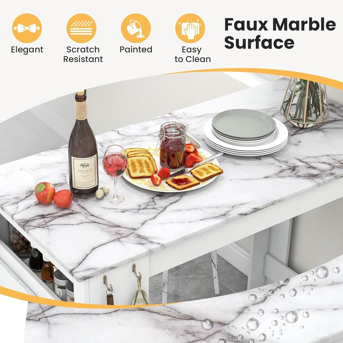 Giantex Bar Table, 47” Counter Height Dining Table with 7 Hanging Hooks, Compartment, Cabinet & Adjustable Shelf, High Top Table, Faux Marble Pub Table for Kitchen Breakfast Nook Small Space, White