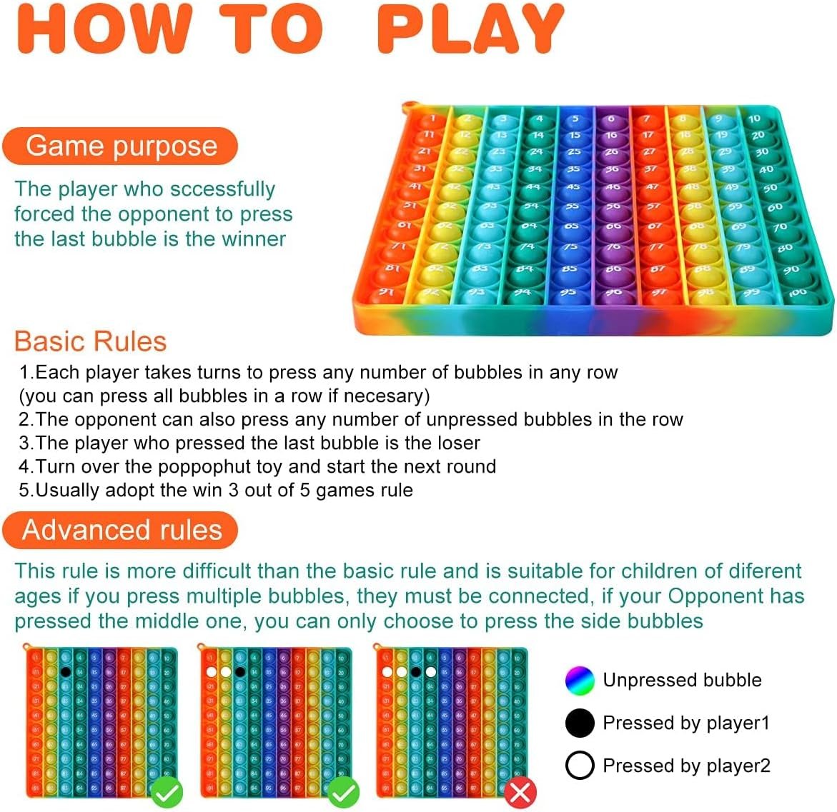 Kingmall Numbers P0p with Numbers, Big Size P0pp with Numbers Rainbow Square Fidgett Ttoy 100bubbles Learning Tool for Teachers to Create Kinds of Math Manipulativesã€with 1-100 Numbersã€‘