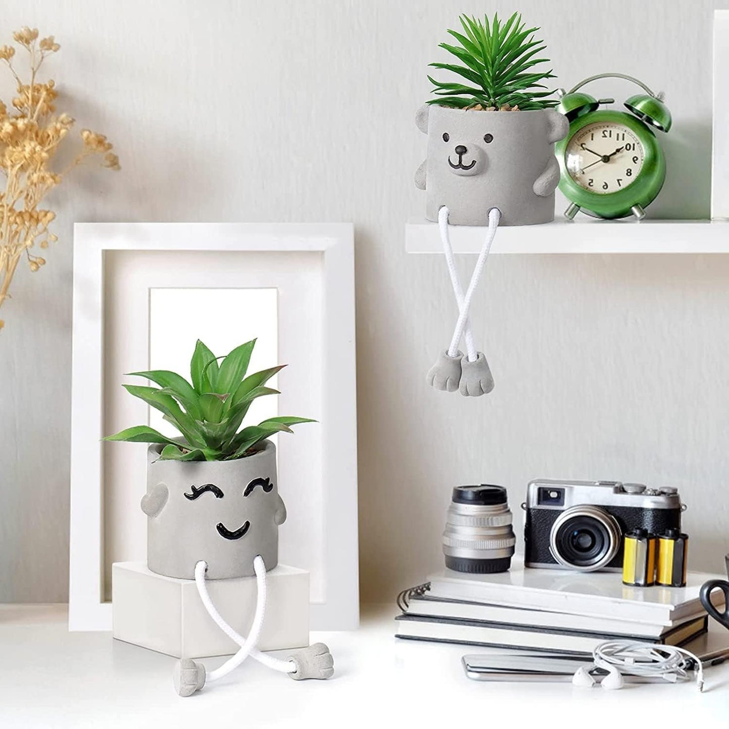Alynsehom Artificial Potted Plant,Cute Fake Succulent Plant with Hanging Leg,Emotional Cement Faux Succulent Potted Plant Decor for Home Office Table Desk Living Room Shelves(Bear&Smile)