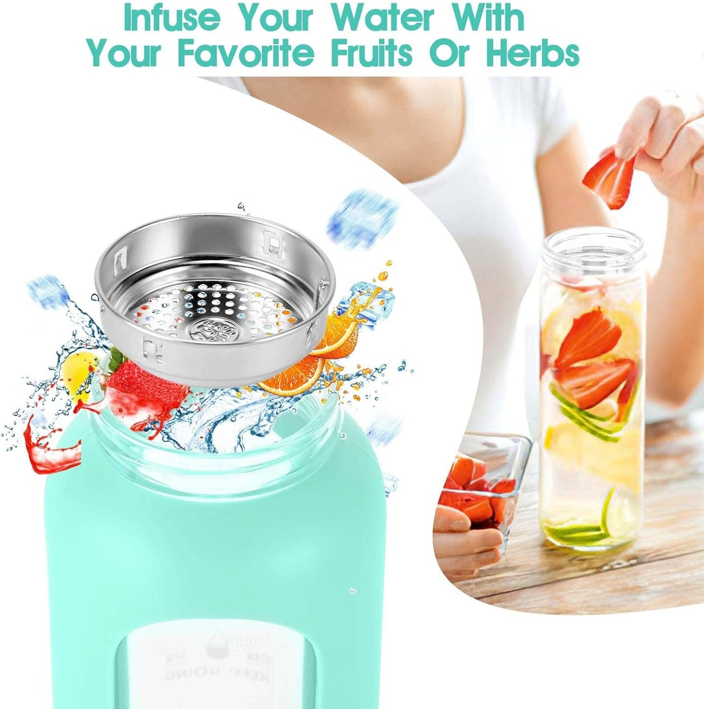 SipZest 32 oz Glass Water Bottle with Straw - Motivational Time Marker & Silicone Sleeve - Reusable Tumbler Includes 2 Bamboo Lids & Fruit Infuser - 1 Pack