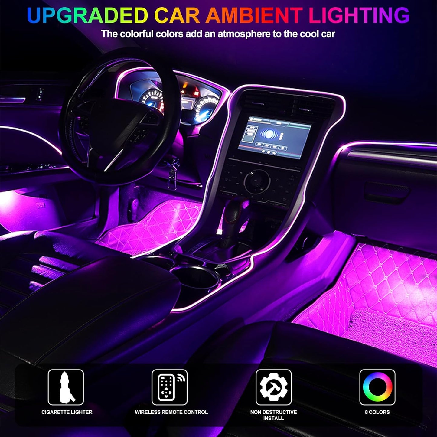 LED Interior Lighting Car, 4pcs 72 Strips RGB Car Interior Lighting Ambient Lighting 12V Cigarette Lighter LED Strip with App Control & Remote Control Dynamic Music Neon