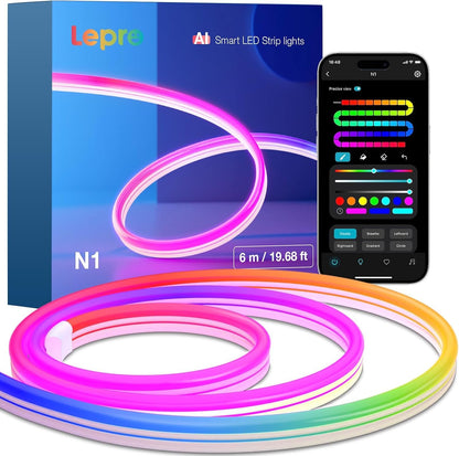 Lepro AI Neon Lights N1, RGBIC Neon Led Lights, Work with Alexa & Google Neon Rope Light, Music Sync neon led Strip Light, IP65 Outdoor Led Strip Lights Waterproof, LED Lights Strip for Bedroom, 20FT