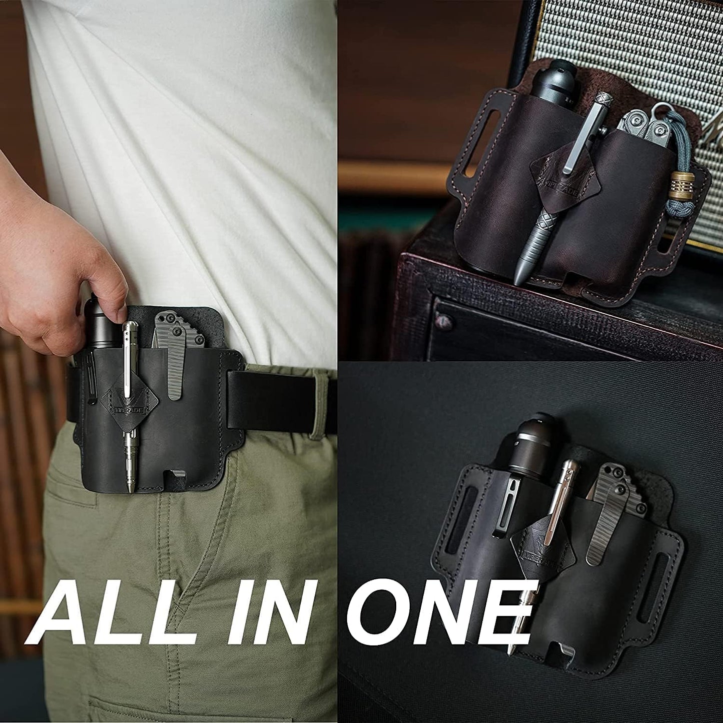 VIPERADE PJ19 Multitool Sheath, EDC Belt Organizer for Men, Leather Flashlight Holster, Pen Holder for Tactical Pen (Black)