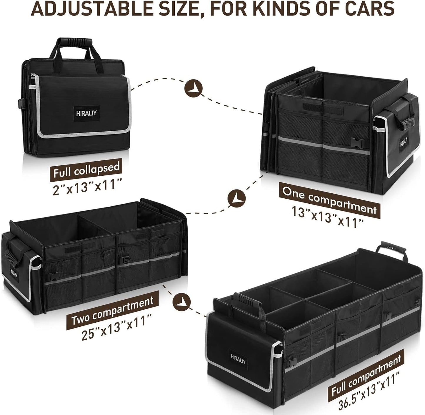 HIRALIY 4 in 1 Car Trunk Storage Organizer, Multi Compartment Collapsible Trunk Storage Box with Leakproof Insulated Bag for Car Truck SUV
